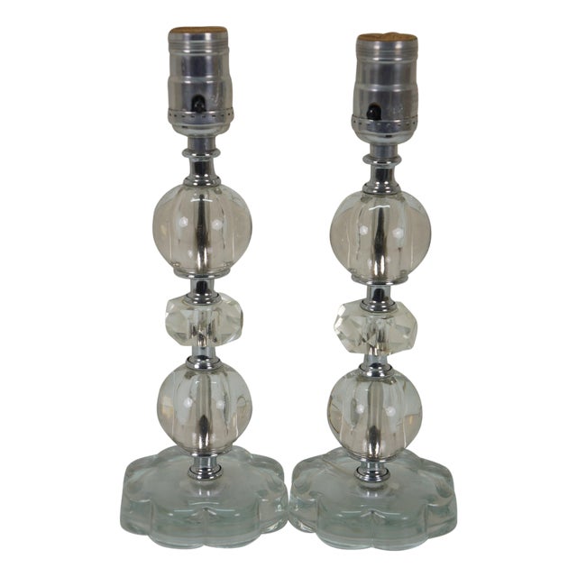 Mid 20th Century Hollywood Regency Stacked Crystal Prism Vanity Boudoir Lamps 11" For Sale