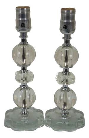Mid 20th Century Hollywood Regency Stacked Crystal Prism Vanity Boudoir Lamps 11"