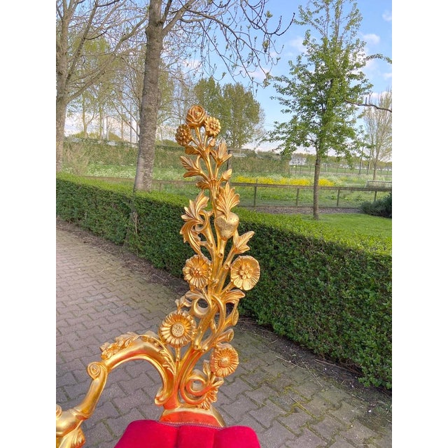Mid 20c Italian Baroque Gold Beech Red Velvet Side Chairs Pair For Sale - Image 9 of 12