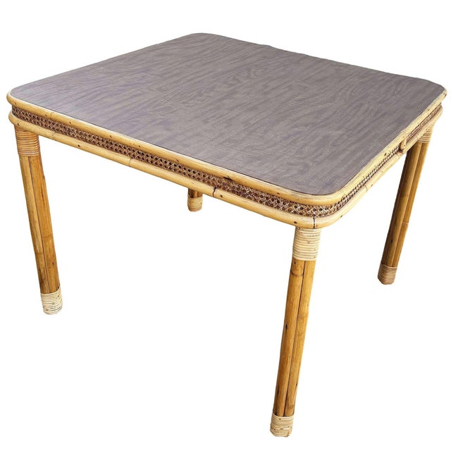 1950s Restored 4-Strand Legs Rattan Dinette Dining Table W/ Formica Top & Wicker Sides For Sale - Image 4 of 9