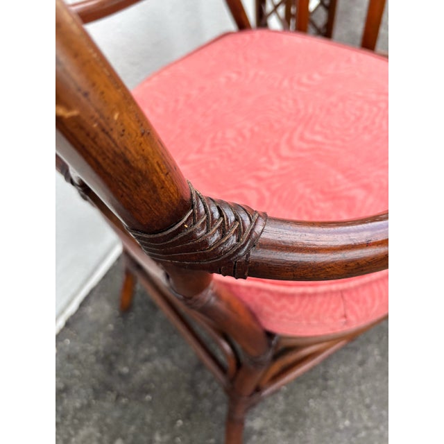 Hollywood Regency David Francis Attributed, Rattan Dining Set With Coveted “Spider Back” Coastal Design. Leather Bindings, Quality Construction and Coral Damask Fabric. For Sale - Image 3 of 8