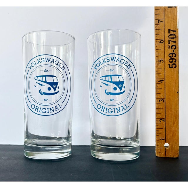 Vintage Volkswagen Bus Drinking Glasses | Set of 2 | Volkswagen Original Ets 49 | Blue Vw Transporter Design | 6"| Rare Retro Barware For Sale In Miami - Image 6 of 6