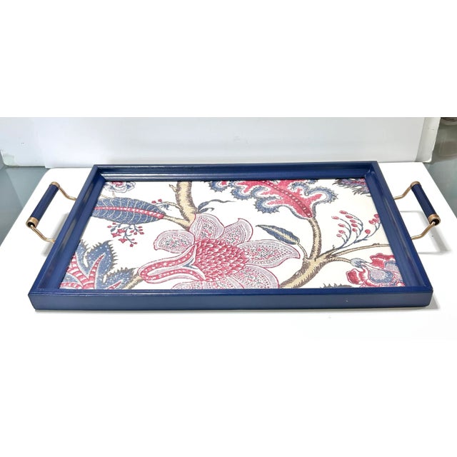 Wood Blue Lacquer Serving Tray With Brass Handles – Floral Fabric Inlay, Bar Cart Decor For Sale - Image 7 of 12