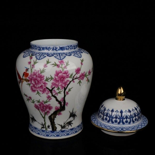 Chinoiser Blue White & Famille Rose Bird‑Peony Lidded General Ginger Jar For Sale - Image 4 of 9