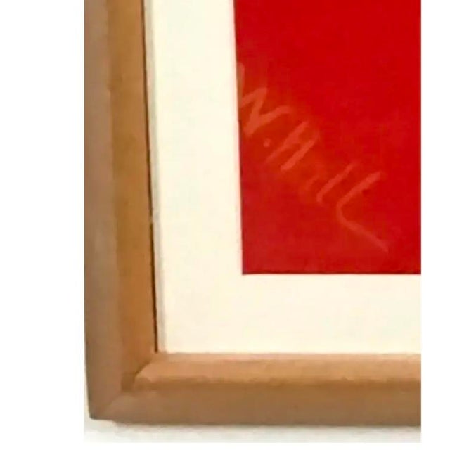 This vibrant geometric abstract oil painting is signed W. Hall. Dramatic pop of color for any room! Simple light wood...