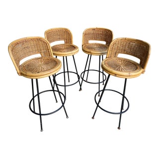 Vintage Wicker & Wrought Iron Swivel Bar Stools - Set of 4 For Sale