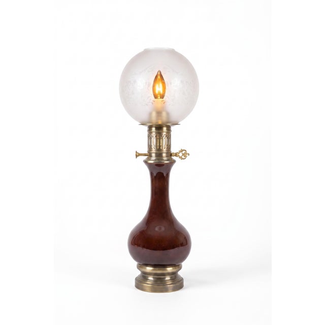 Amber-Brown Glass and Brass Table Lamp with Etched Glass Globe, 1950s For Sale - Image 18 of 18