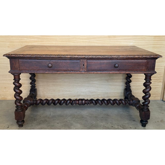 19th Spanish walnut desk or console table with two drawers and solomonic turning legs and solomonic stretcher. Really...