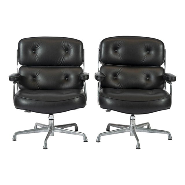 Pair Eames Herman Miller Time Life Black Leather Office Chairs For Sale