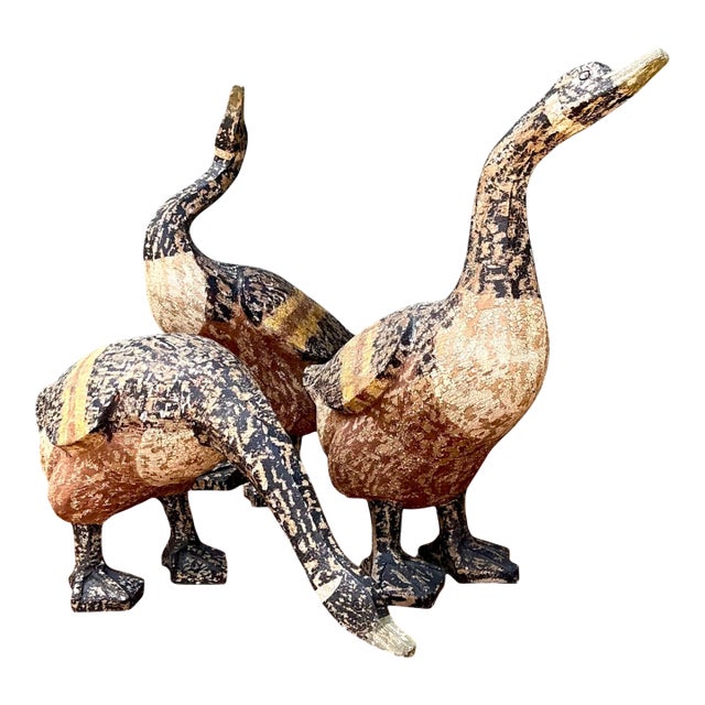 Vintage Carved Wood Goose Sculptures - Set of 3 For Sale