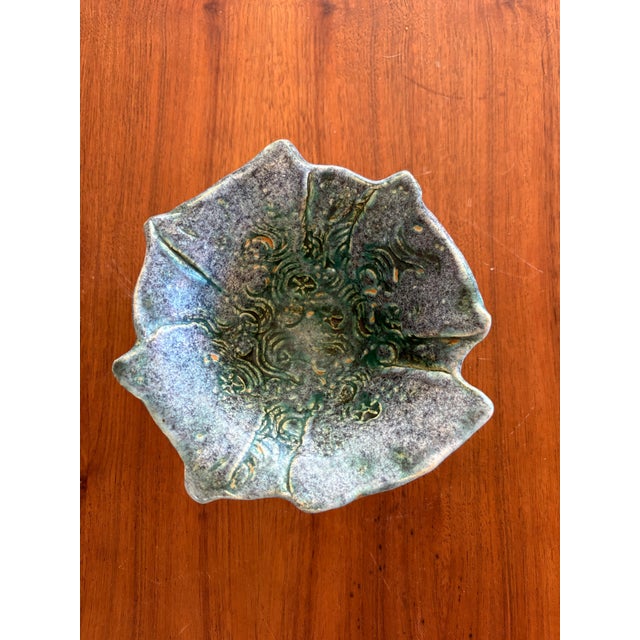 Mid-Century Modern Signed Vintage Studio Pottery Bowl With Sculptural Rim – Blue-Green Glaze, 5.5” For Sale - Image 3 of 8