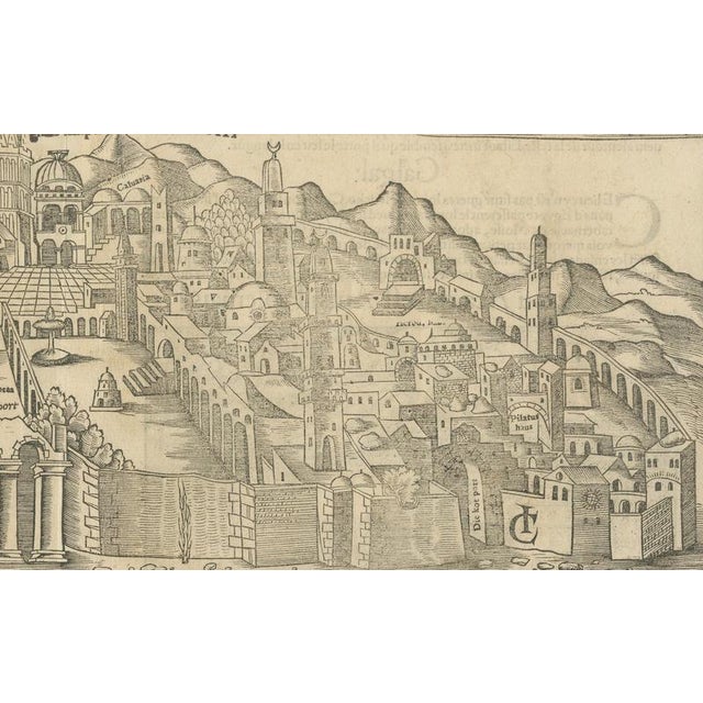 Jerusalem, Holy City View – Early Renaissance Woodcut, c.1560 This rare and evocative Renaissance woodcut depicts the Holy...