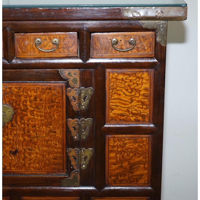 Antique Chinese Burr Elm & Brass Engraved Sideboard For Sale - Image 11 of 18