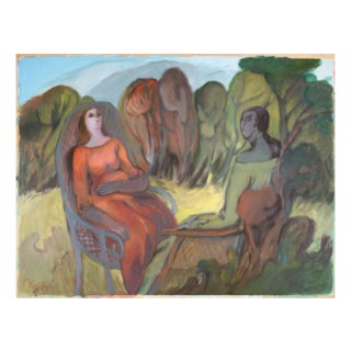 Jan Van Evelinge, Surrealist Garden Scene of Two Women in a Field, Acrylic on Paper For Sale