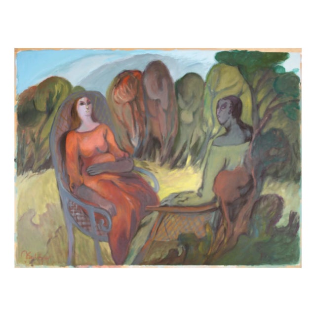 Jan Van Evelinge, Surrealist Garden Scene of Two Women in a Field, Acrylic on Paper For Sale