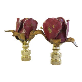 Pair of Vintage Italian Tole Rose Lamp Finials, Raspberry Plum & Gold Leaf, by C. Damien Fox For Sale