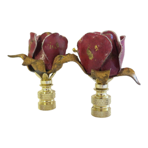 Pair of Vintage Italian Tole Rose Lamp Finials, Raspberry Plum & Gold Leaf, by C. Damien Fox