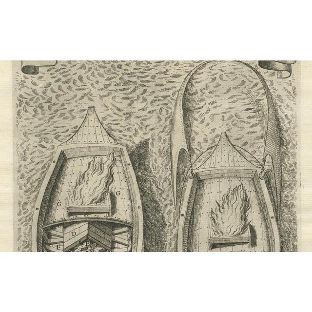 This original engraving is referring depicting a detailed illustration of a fire ship, a type of naval vessel used as a...