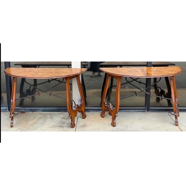 Brown Italian Burl Walnut Demilune Console Tables With Iron Stretchers - Pair For Sale - Image 8 of 8