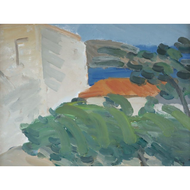 Textile Mid-Century Modern 'Mediterranean Escape' Swedish Expressive Landscape Oil Painting, Framed For Sale - Image 7 of 10