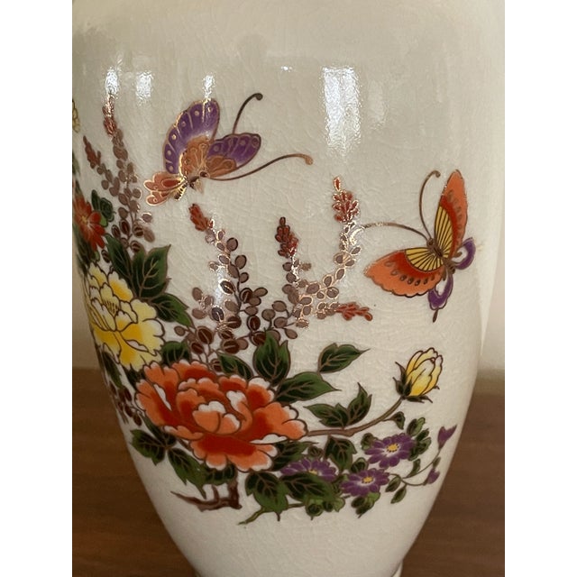 Japanese Vintage Late 20th Century Satsuma Vase With Butterflies and Brightly Colored Flowers For Sale - Image 3 of 13