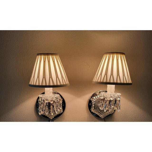 Traditional 1950s Crystal Sconces With Pleated Shades - a Pair For Sale - Image 3 of 7