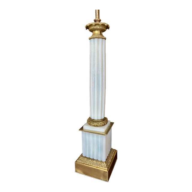 French Neoclassical Fluted Opaline & Gilt Brass Lamp For Sale