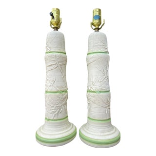 Vintage Faux Bamboo Plaster Lamps in Ivory & Celadon for Sarasota Lamp Co – Pair For Sale