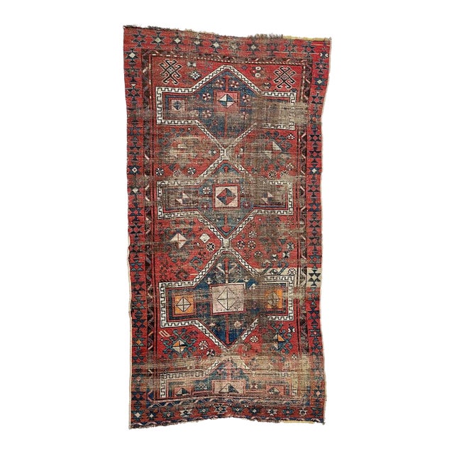 Antique Turkish Geometric and Tribal Distressed Rug 3.7 x 6.6 For Sale