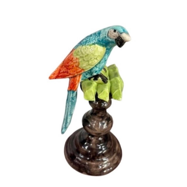Ceramic Pair of Italian Majolica Ceramic Parrot Sculptures on Pedestals For Sale - Image 7 of 12