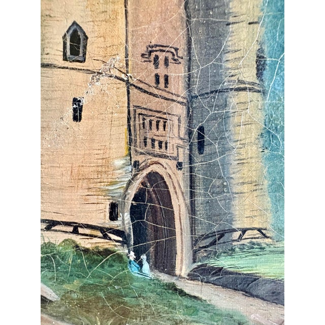 Green Early 20th Century French Castle Art Oil on Canvas For Sale - Image 8 of 12