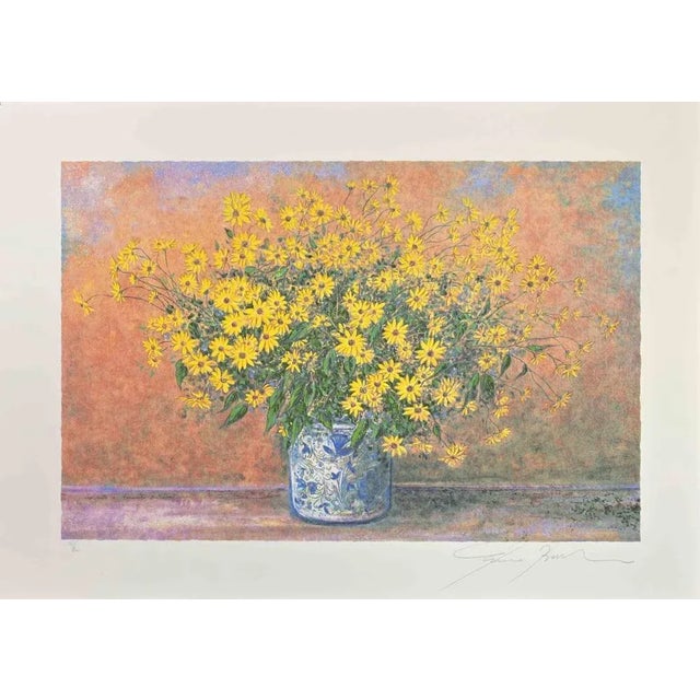 Vase of Jerusalem Artichoke Flowers is a modern artwork realized by Franco Bocchi in 1980s. Mixed colored screen print....