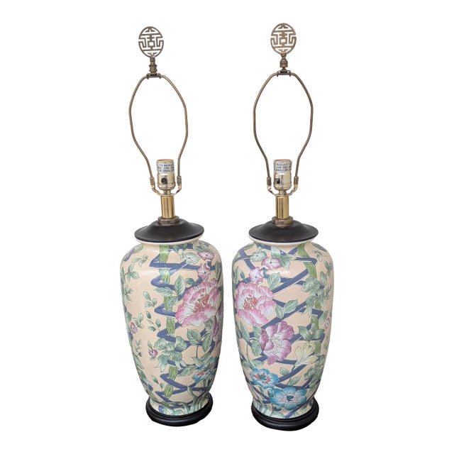 Vintage Ginger Jar Hand Painted Asian Porcelain With Peonies Design Table Lamp - a Pair For Sale