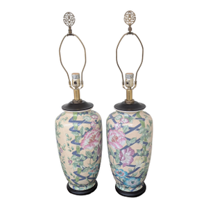 Vintage Ginger Jar Hand Painted Asian Porcelain With Peonies Design Table Lamp - a Pair