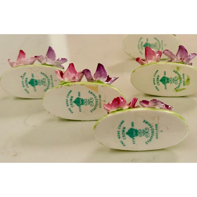 Crown Staffordshire Early 20th Century Crown Staffordshire Hand Painted Bone China Flower Place Card Holders - Set of 8 For Sale - Image 4 of 9