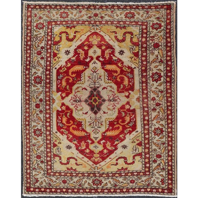 Antique Turkish Fine Sivas rug with center medallion in Red, yellow & Light Green. Keivan Woven Arts/ rug E-1101, country...