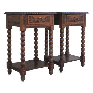 Neo-Basque Carved Oak Single Drawer Nightstands by Charles Dudouyt, France, 1930s, Set of 2 For Sale