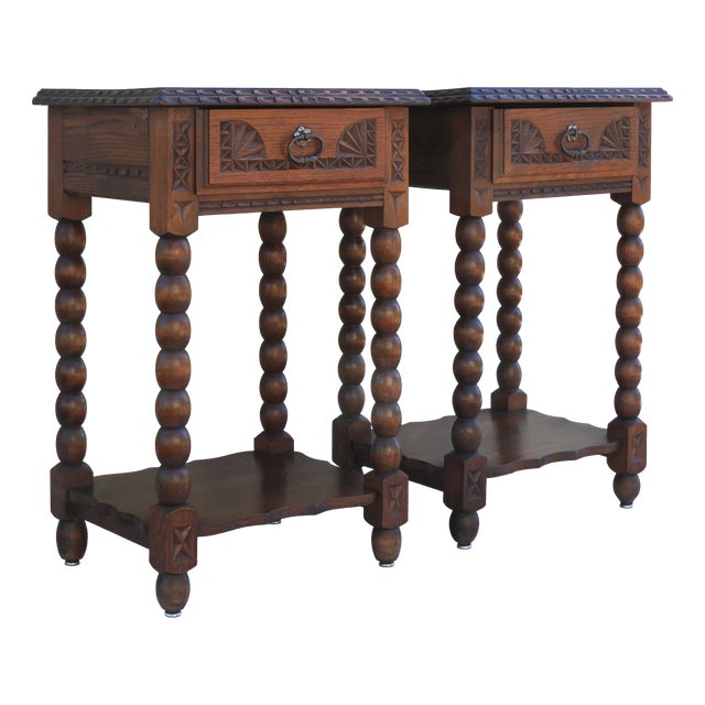Neo-Basque Carved Oak Single Drawer Nightstands by Charles Dudouyt, France, 1930s, Set of 2 For Sale