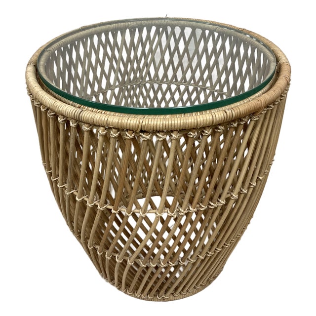 Boho Chic Rattan Drum Cocktail Table -1 For Sale