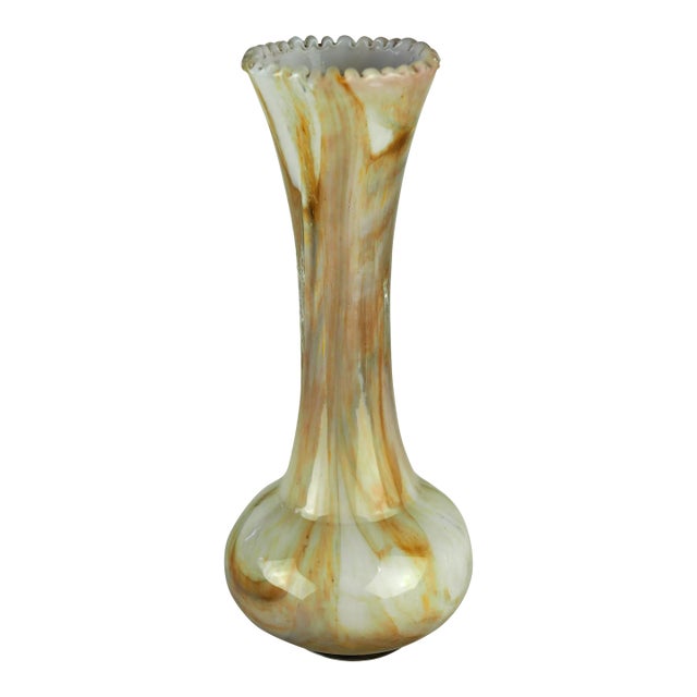 19th French Clichy Blown Glass Vase With Serrated Neck, Marbled White With Gold Inclusions For Sale