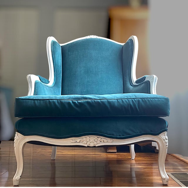 Mid-20th Century French Provincial Wingback Chair in Kravet Peacock Blue Velvet For Sale - Image 9 of 18