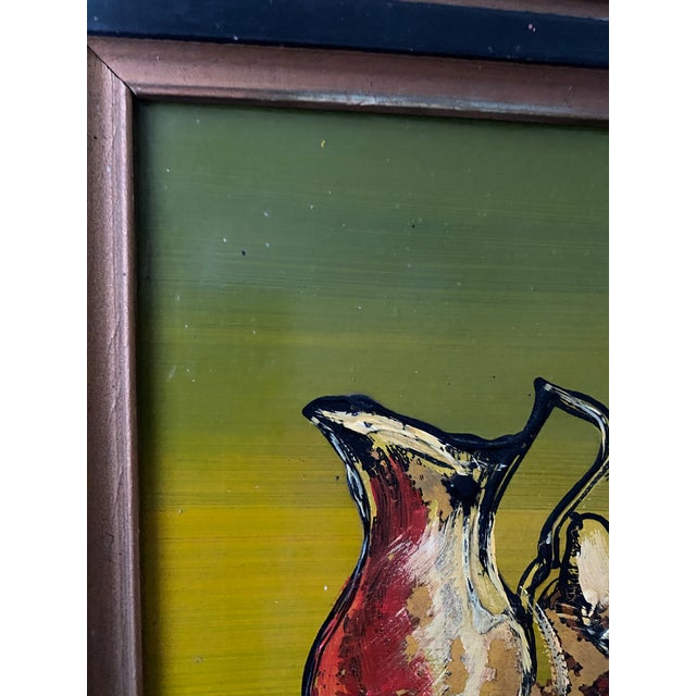 Lovely abstracted mid-century still life painted in impasto acrylic on panel. Framed in two-tone wooden frame. Unknown...