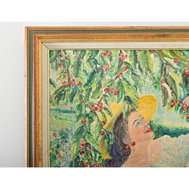 French Vintage 1980s Framed Oil Painting Portrait in Cherry Season For Sale - Image 4 of 8