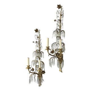 French Louis Xv, Bronze, Cut Crystal, Large Wall Sconces, France, 1930s For Sale