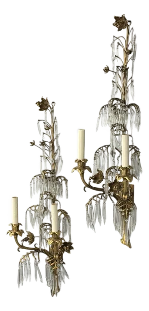 French Louis Xv, Bronze, Cut Crystal, Large Wall Sconces, France, 1930s