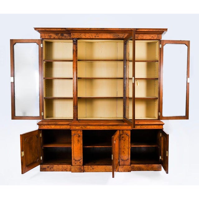Antique Victorian Burr Walnut Breakfront Bookcase, 1800s For Sale - Image 10 of 18