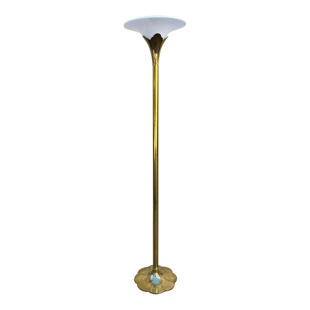 Vintage Stiffel Brass Tulip Torchiere Floor Lamp Original Milk Glass Diffuser For Sale