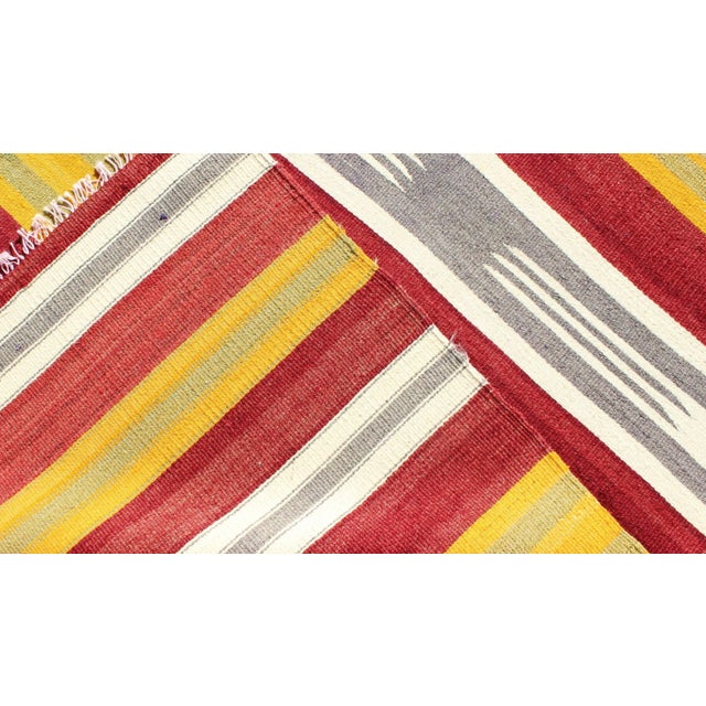 Textile Mid 20th Century Mid 20th Century Vintage Turkish Kilim Runner With Stripes in Red Green Yellow Ivory and Gray For Sale - Image 7 of 8