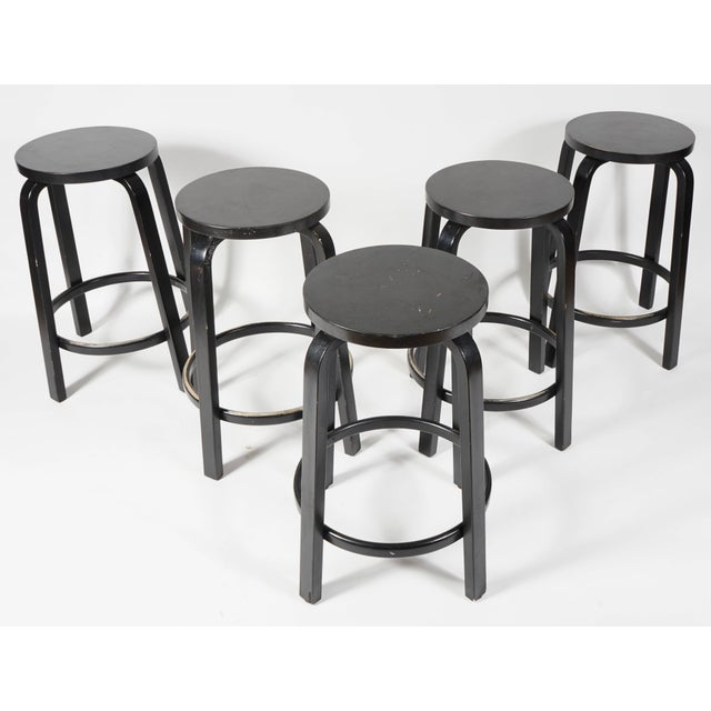 Mid-Century Modern Alvar Aalto Artek Counter Stool 64 Black Birch Total of 5 For Sale - Image 3 of 6