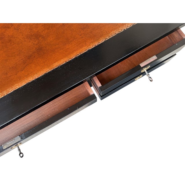 Mid 20th Century Large French Louis XVI Ebonized Writing Table or Desk With Embossed Leather Top For Sale - Image 5 of 15
